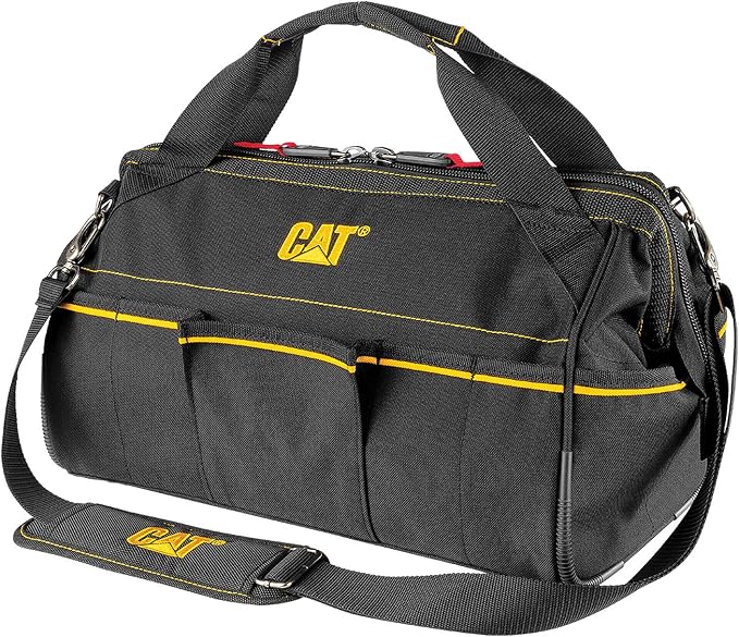 CAT 16-Inch Pro Wide Mouth Tool Bag, 14 Pockets for Tool Storage and Organization, Premium 1680D Water-Resistant Polyester Weave, Adjustable Shoulder Strap - 980206N by Unknown