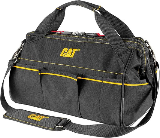 CAT 16-Inch Pro Wide Mouth Tool Bag, 14 Pockets for Tool Storage and Organization, Premium 1680D Water-Resistant Polyester Weave, Adjustable Shoulder Strap - 980206N by Unknown