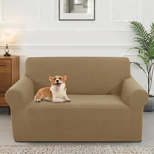Stretch loveseat Covers Washable Sofa Slipcover, Sand | 1 Piece Couch Covers for Sofa Furniture Protector with Non Skid Foam and Elastic Bottom for Kids, Dogs by LuxshareHome