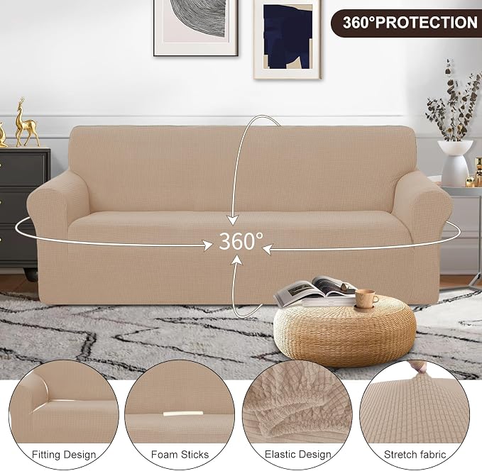 U-NICE HOME Stretch Couch Cover Sofa Covers for 3 Cushion Couch Slipcover with Elastic Bottom Furniture Protector for Dogs, Spandex Jacquard Soft Fabric (Large, Camel) | 1-Piece Sofa cover, Washable, Pet friendly, Furniture protector, Polyester Spandex... - Image 3