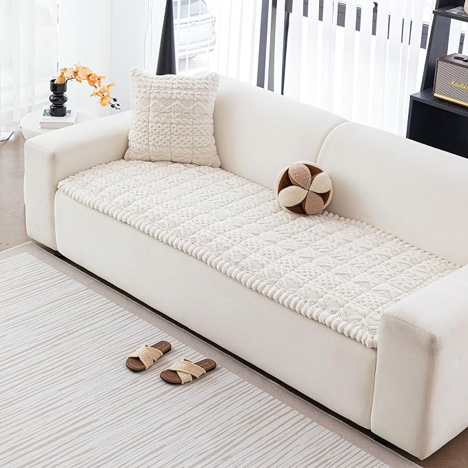 DREAMINGO Couch Cover for Dogs Washable - Fuzzy Sofa Covers Pet Friendly 27.6"x70.9", Soft Non Slip Pet Couch Cushion Protector Dog Bed Mat in Cream White by DREAMINGO