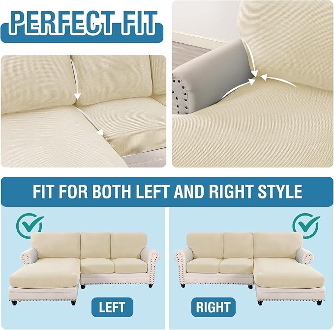 H.VERSAILTEX 2025 New Sectional Couch Covers 6 Pieces Stretch Sofa Covers for Sectional Sofa Set Separate L Shaped Couch Cover for Both Left/Right Couch (Seat and Back: 1 Chaise + 2 Sofa, Natural) - Image 5