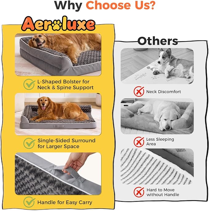 Dog Bed Large Sized Dogs, XXL Orthopedic Dog Bed for Large Dogs, Waterproof Pet Bed with Washable Removable Cover, L-Shaped Pet Couch with Portable Handle 48"x35"x7.5", Grey - Image 3