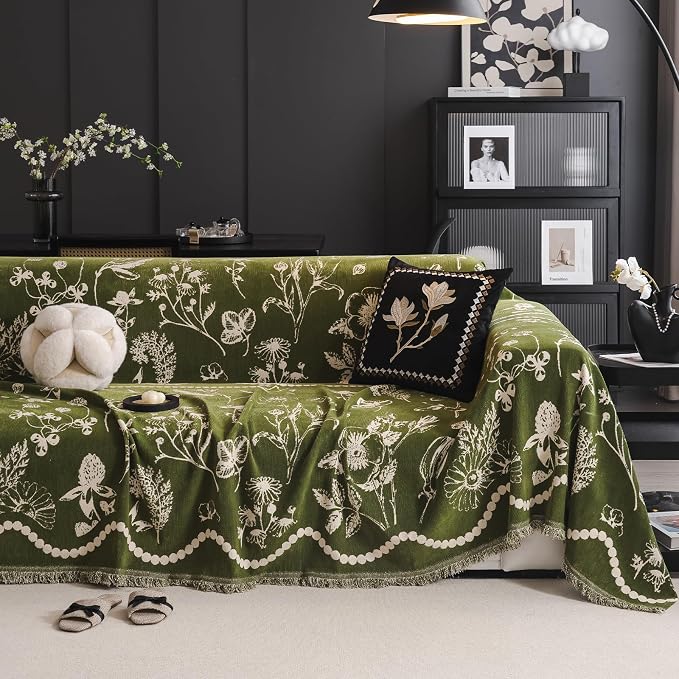 DREAMINGO Green Floral Couch Cover Farmhouse Botanical Jacquard Sofa Covers for 3 Cushion Couch Cozy Chenille Living Room Furniture Futon Sectional Sofa Slipcovers Washable, X-Large 71"x134" - Image 6