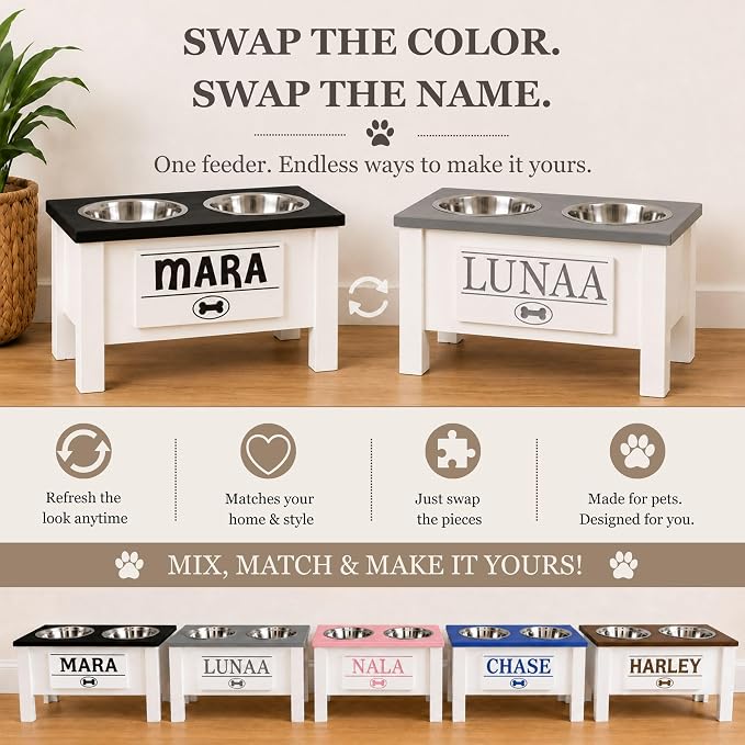 Elevated Dog Bowls for Small Dogs, Personalized Food Stand for Small Breed | Farmhouse Style, Elevated Wood Stand, Storage Container, Stainless Steel Bowls, Raised Anti-Slip Feeder, Made in USA - Image 2
