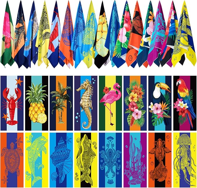 Redbaker 16 Packs 72 x 36 Inches Oversized Hawaiian Beach Towel Bulk Extra Large Pool Towels Set Microfiber Quick Dry Swim Towel Blanket for Women Men Adult Bath Travel(Bright Colors) by Redbaker