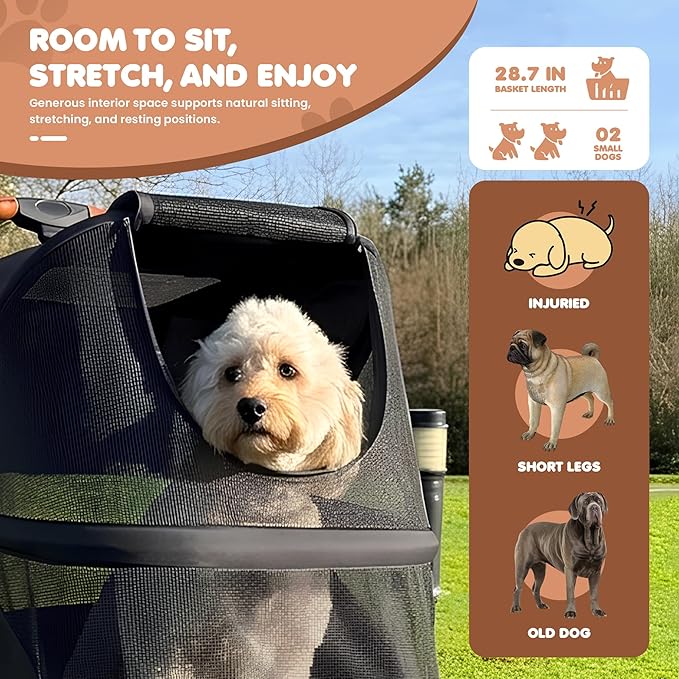 Premium Large Dog Stroller for Pets up to 55lbs, Dog Stroller for Medium Dogs, All-Terrain pet Stroller with Carbon Steel Frame & Breathable Mesh, Black & Grey (Large)