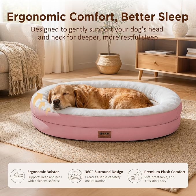 Waterproof Orthopedic Dog Bed for Large Dogs, Pink | Supportive Crate Foam Relieves Joint Pressure, 360°Bolsters, Waterproof Inner,Washable Cover, Non-slip Bottom - Image 2