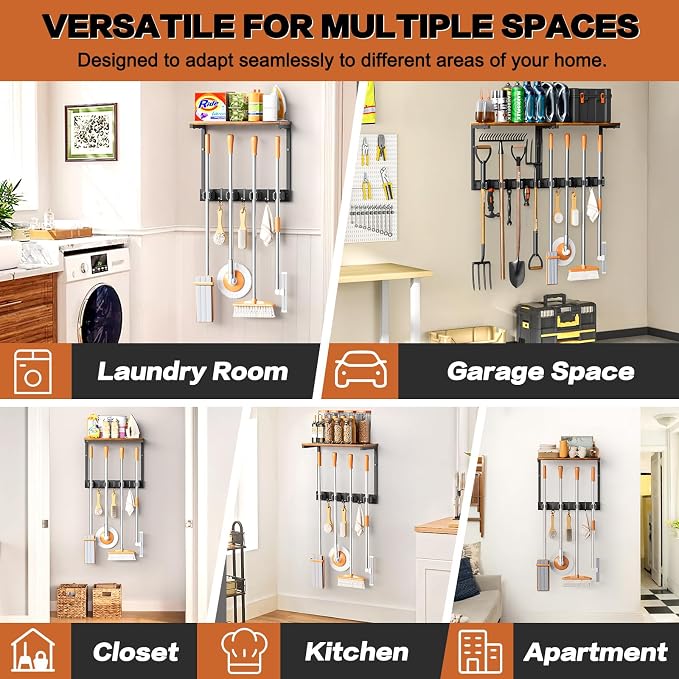 Broom Holder Wall Mount with Cleaning Supplies Organizer, Laundry Room Organization and Storage Shelves, Mop Hanger Broom Rack with Hooks, Home Improvement Kitchen Shelf Garage Organizer - Image 6