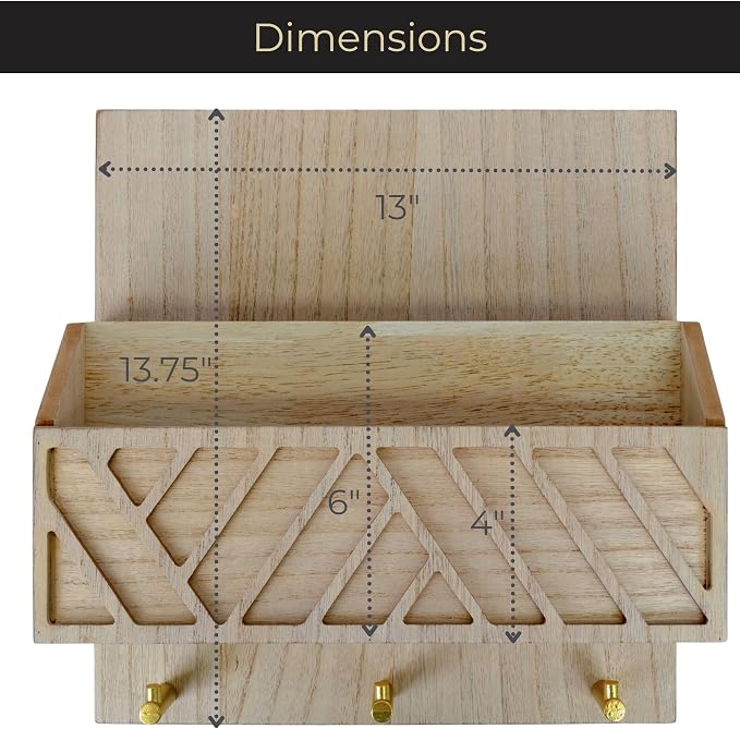 BLU MONACO Wall-Mounted Mail and Key Holder – Natural Wood 2-Tier Letter Organizer with 3 Hooks | Entryway Command Center for Mail, Keys, and Documents - Image 6