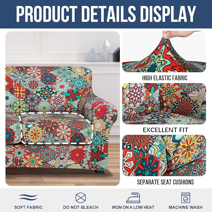 hyha Stretch Couch Cover, Sofa Covers for 2 Separate Cushion Couch Washable | Loveseat Cover, Floral Pattern, Printed, 3 Pieces, 2 Seater Furniture Protector with Elastic Bottom for Dogs, Pet Friendly - Image 4