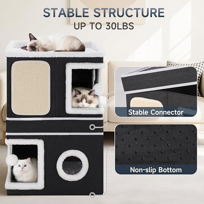 Shikha 2 Story Cat House beds for Indoor Cats with Scratch Pads Black | 2 in 1 Dual Use Double Cat Bed Cave for Multiple Pets Kitten, Elevated Perch for a Wide View, All Season Reversible Cushion - Image 5