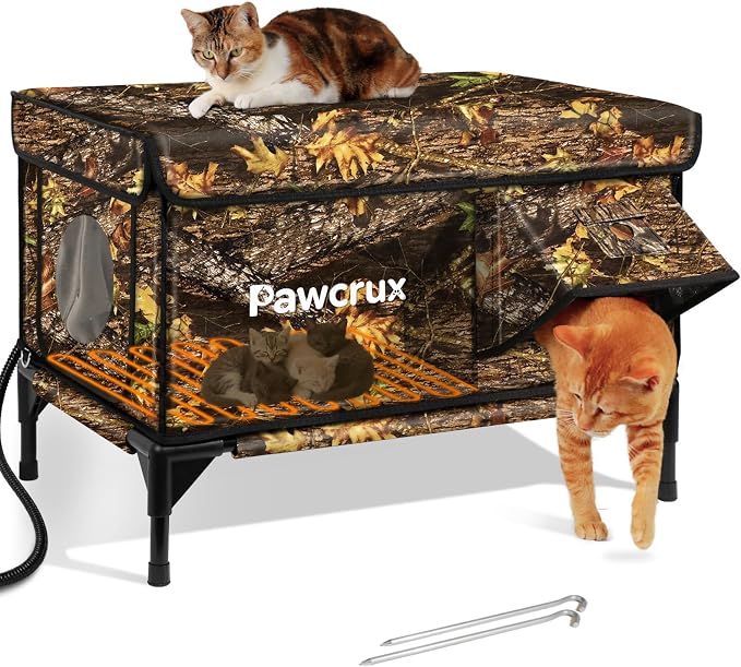 Weatherproof Heated Cat House for Outdoor in Winter, Heated Cat Bed Kitty Shelter with Cat Heating Pad, Insulated & Safe Escape Door, Warm House for Outside Stray Cat (Leaf Color, 17"x25"x17") by JLSAME