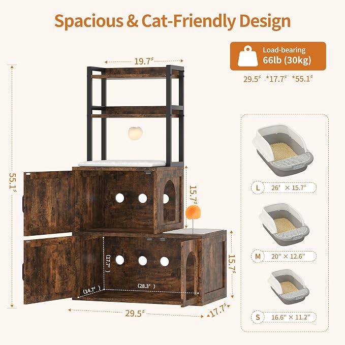 Heybly Cat Litter Box Enclosure Furniture, Double Hidden Litter Box Cabinet with Cat Tree, Large Litter Box Enclosure with Shelves & Storage, Cat House for 2 Cats, Cat Box Enclosure, Rustic HCLB002SR - Image 7