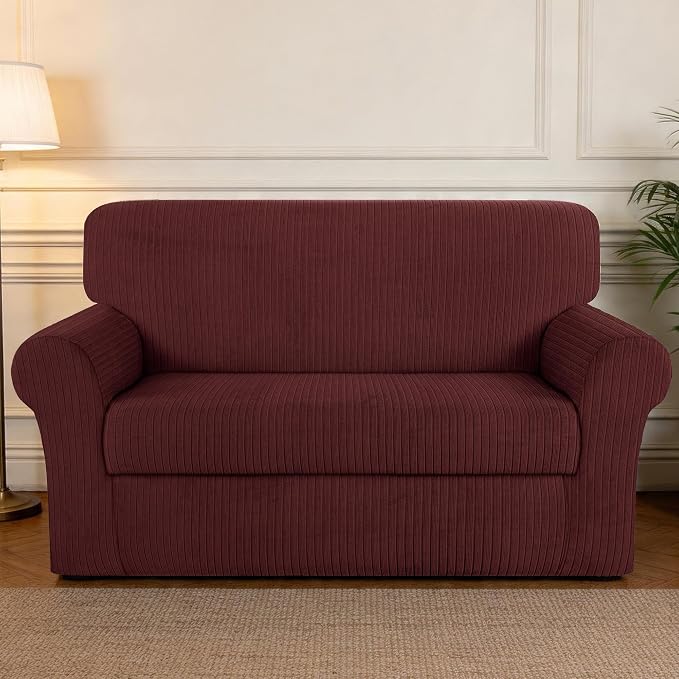 Loveseat Cover Stretching Skid Resistance Couch Cover for Pets Washable, Thick and Durable Soft High Spandex Striped Pattern Sofa Covers, Form Fitted Love Seat Slipcover(Loveseat, Burgundy) - Image 7