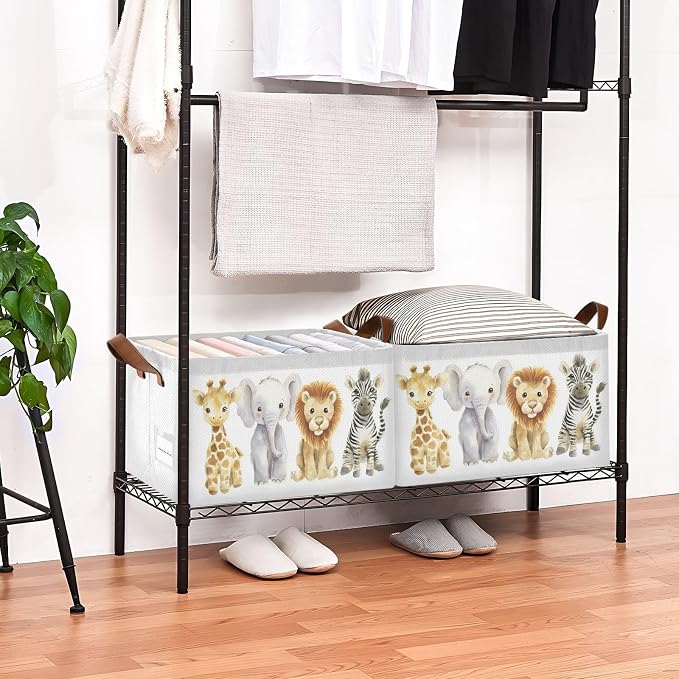 Watercolor Jungle Animal Cute Wildlife Storage Basket for Baby with Handles&Label Rectangular Waterproof Nursery Storage Bins Collapsible Organizer Baskets for Kids Cloth Gift Toys Laundry Shelf - Image 3