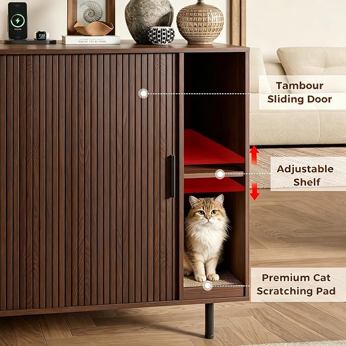 Large Cat Litter Box Enclosure with Scratch Pad, 42.6'' Hidden Litter Box Furniture for Automatic self-Cleaning Litter Boxes, Sliding Door, Adjustable Shelf for Dog Proof, Charging Station, Walnut - Image 5