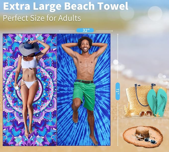 Microfiber Beach Towel Oversized 71x32 Multiple with Bag 4 Pack Bulk | Thin Lightweight Sand Free Absorbent Quick Dry Large for Travel Pool Swim Bath Cruise Sports Camping Essentials Adults Gifts - Image 4