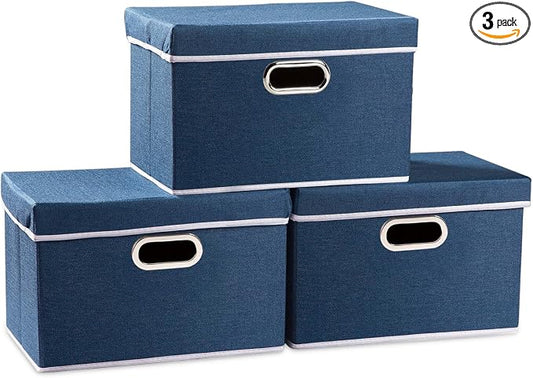 PRANDOM Collapsible Storage Bin with Lid [3-Pack] Fabric Foldable Storage Box Organizer Container Basket Cube with Cover for Home Bedroom Closet Office Nursery Royal Blue(14.9x9.8x9.8) by Prandom