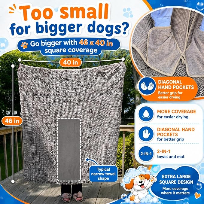 Pet 2-in-1 Dog Towel & Mat – Transforms from Drying to Bath Mat, Ultra Soft, Absorbent & Quick-Drying, Machine Washable Dog Towels with Detachable Non-Slip Mat and Hand Pockets (Large) - Image 2