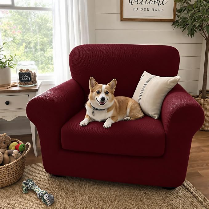 XINEAGE 2026 New 2 Pieces Chair Covers with Arms Super Stretch Chair Slipcover for Living Room Pet Dog Universal Slip Cover Anti Slip Armchair Furniture Protector (Wine Red), 31"-46"(1 Cushion) - Image 3