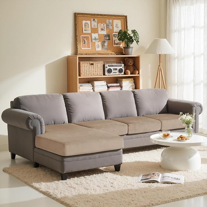 CHUN YI Velvet Couch Cushion Covers, 4 PC Water Resistant Sectional Couch Covers for L Shape Sofa, Individual Seat Cushion Protector for Pets (3 Seater + 1 Chaise, Camel) - Image 2