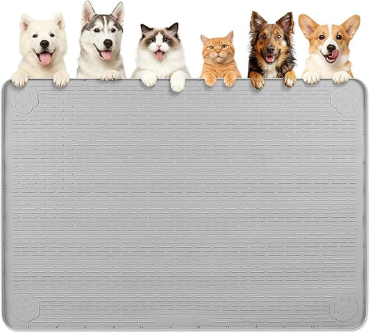Dog Food Mat 57''x40'' Extra Large Dog Mat for Food and Water, Light Grey | Silicone Dog Bowl Mat with Raised Edge, Waterproof Non-Slip Pet Feeding Mat for Floors, fit for Dog Cat Bowls by Bartuke