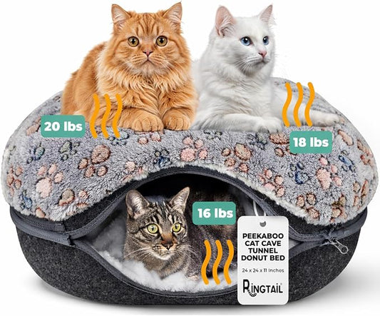 RINGTAIL Peekaboo Cat Cave Donut for Multiple & Large Cats Up to 30-45 lb, 3-in-1 Self Warming Cat Bed Tunnel with 2 Soft Fluffy Fleece Pet Blankets, Scratch, Detachable & Washable (Dark Gray, Large) by Unknown