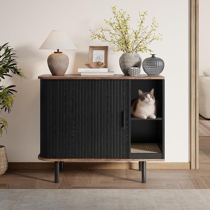 Cat Litter Box Enclosure, Kitty Hidden Litter Box Furniture with Scratch Pad, Modern Indoor Cat House, Sliding Door, Adjustable Shelf for Dog Proof, Black - Image 8