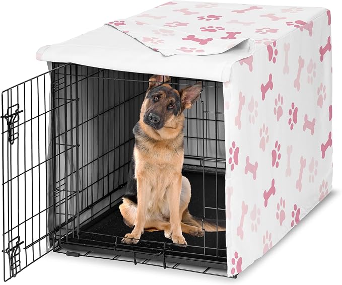 Sweet Jojo Designs 48in. Large Dog Crate Cover (Bones and Paw Prints) for Girls Pet Cage, Kennel Covers (Modern, Cartoon, Doggy, Puppy, Neutral, Paws Print, Whimsical, Playful, Pastel, Pink & White) by SweetJojoDesigns