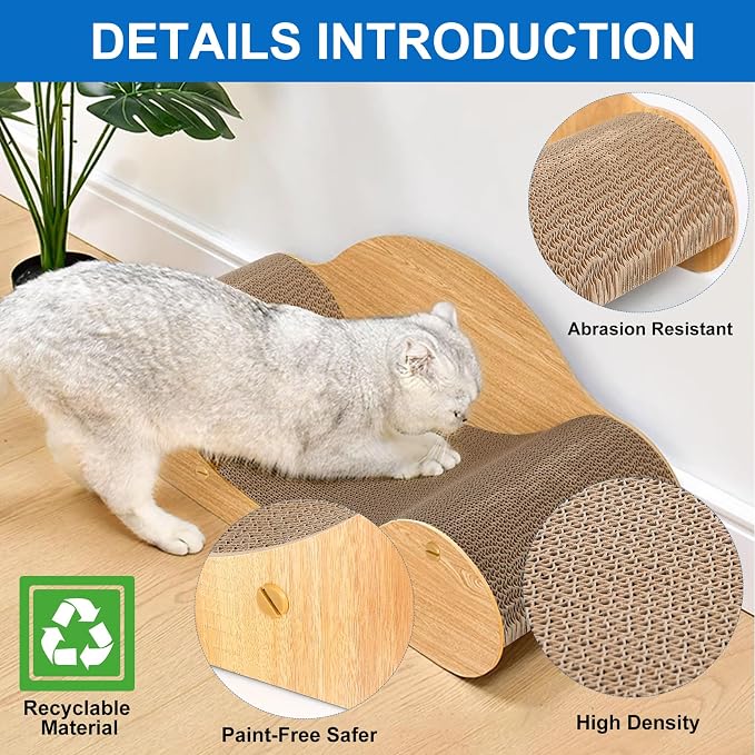 Simple Deluxe Cat Scratcher Cardboard Bed, Natural Solid Wood Scratch Lounger for Scratching&Sleeping, 23.6inches Scratching Board Furniture Protector, Curved - Image 4