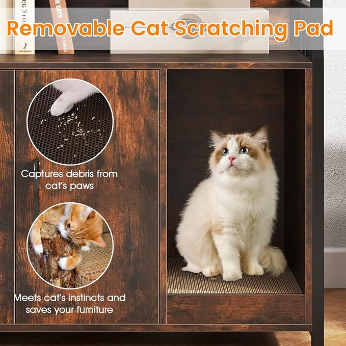 PETSITE Cat Litter Box Enclosure with Storage Shelves, 52 Inches Tall Hidden Litter Box with Charging Station, Scratching Board, and Winding Entry (Rustic Brown) - Image 7