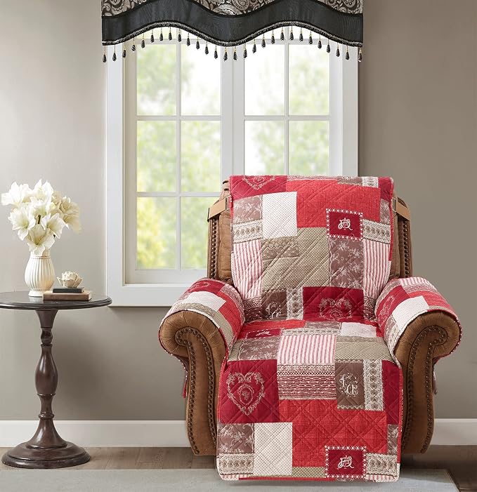 Brilliant Sunshine Burgundy Heart Love Couch Recliner Cover, 26" seat | Patchwork Design, Non Slip Sofa Cover, Quilted Furniture Protector, Washable Reclining Chair Slipcover for Pets, Dogs & Cats - Image 2