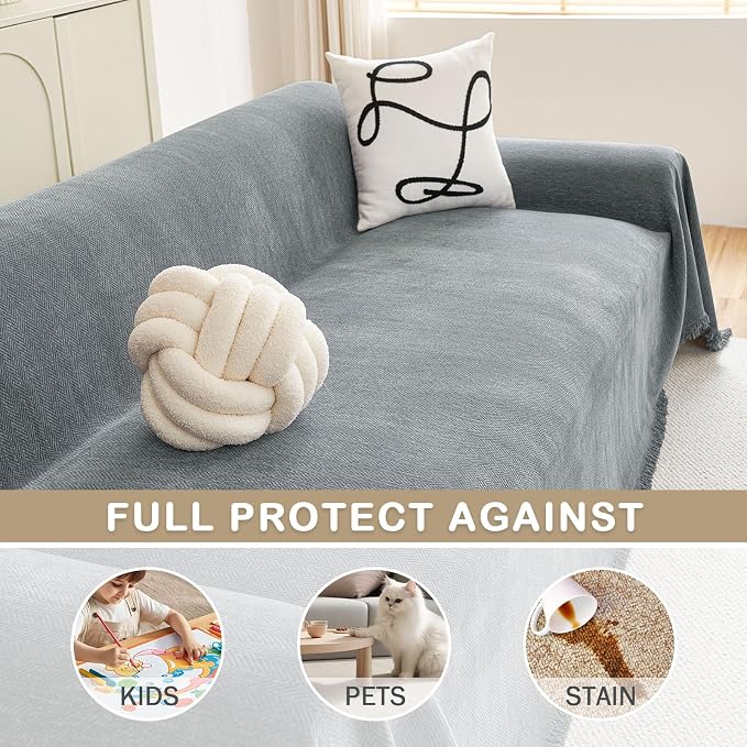hyha Couch Cover for Dogs, Boho Chenille Sofa Cover for 3 Cushion Couch | Anti-Scratch Washable Sofa Slipcover, Loveseat Sectional Couch Throw Blankets with Tassels (Grey, 71x150 Inch) - Image 3