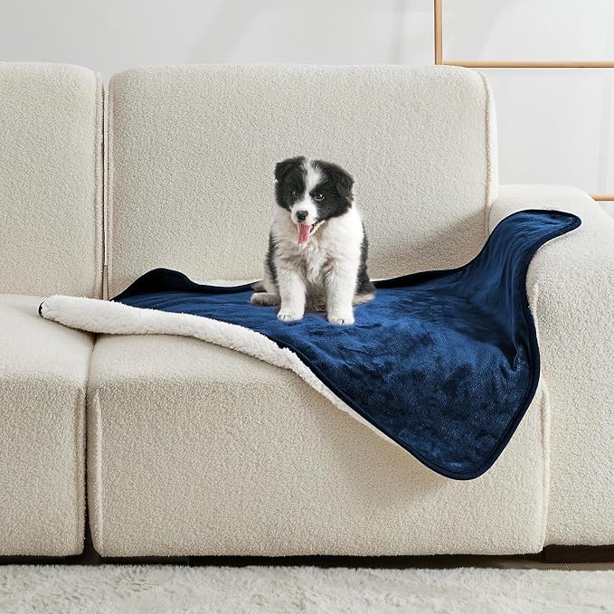 Waterproof Blanket for Bed Couch Sofa, Soft Liquid Pee Proof Pet Blanket for Dog Puppy Cat, Reversible Sherpa Fleece Furniture Protector (Navy Blue, 30x40 inches) by Yaning