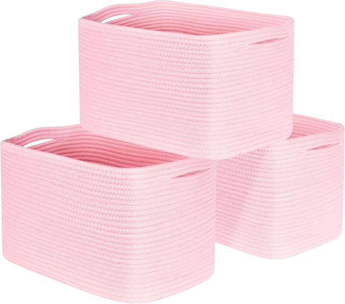 MINTWOOD Design 3-Pack Decorative Woven Storage Baskets for Shelves, Cube Bin Box for Organizing Books, Shoes, Dog Toys, Pantry Closet and Living Room Organizer, Soft Pink by MINTWOODDesign