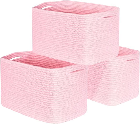MINTWOOD Design 3-Pack Decorative Woven Storage Baskets for Shelves, Cube Bin Box for Organizing Books, Shoes, Dog Toys, Pantry Closet and Living Room Organizer, Soft Pink by MINTWOODDesign