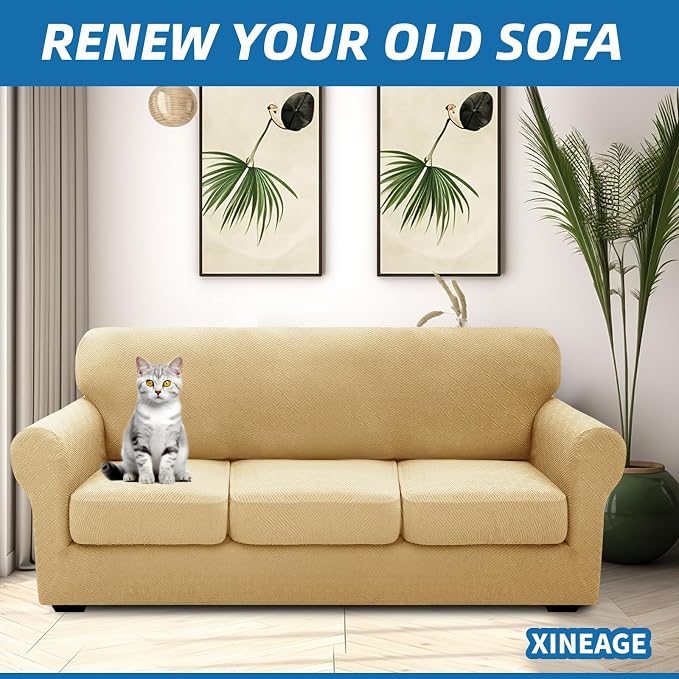 XINEAGE 2026 New 4 Pieces Extra Large Couch Covers for 3 Cushion Sofa Super Stretch Sofa Cover for 3 Large Seat Cushion Universal Fitted Slip Cover for Living Room (Beige), 91"-110"(3 Cushions) - Image 4