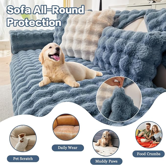 DREAMINGO Faux Fur Couch Backrest Cover, Soft Plush Sofa Covers for Pet Washable, Non Slip Furniture Protector for 2-3 Cushion Couch Sofa, 35.4x35.4 Inch, Blue - Image 5