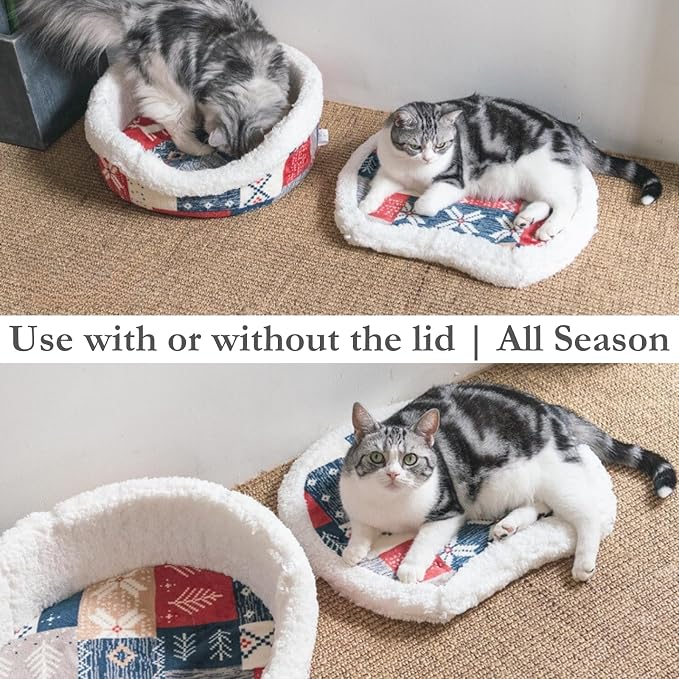 Cat Bed Cave - Enclosed Hideaway with Detachable Lid for Kitten (Snow) | Covered round house, Removable top, Separate liner, Cozy privacy nook, Apartment-friendly shelter, Easy cleaning setup - Image 3
