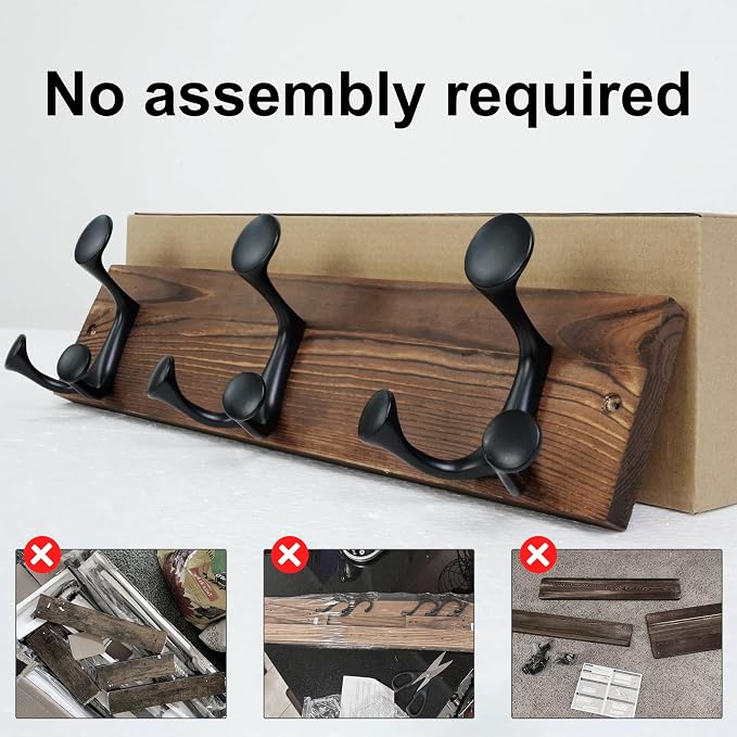 SKOLOO 17-Inch Wood Coat Rack Wall Mount with 3 Triple Hooks - Ideal for Family Entrances, Classrooms, and Pet Supplies Storage - Perfect Coat Hooks for Wall,Charred Golden Brown, Pack of 2 - Image 6