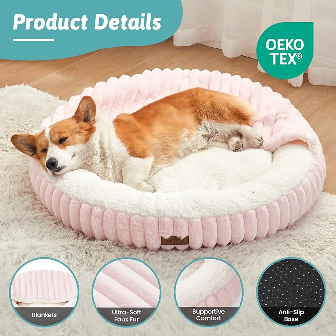 Small Dog Bed with Hooded Blanket, Round Fluffy Anti-Anxiety Pet Bed for Small Dogs & Medium Dogs, Cozy Donut Cuddler with Machine Washable Faux Fur & Anti-Slip Bottom(26"×26"×7",Pink) - Image 4
