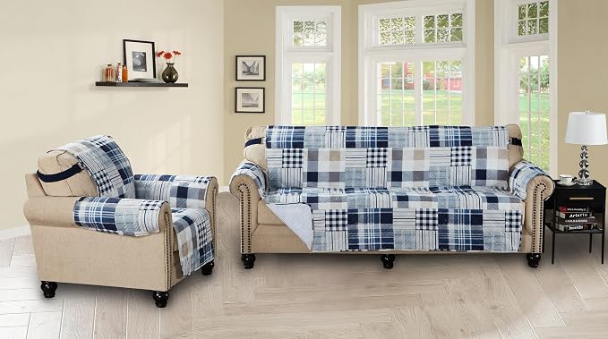 Brilliant Sunshine Blue Plaids & Stripes Loveseat Cover, 54" seat | Patchwork Design, Non Slip Sofa Cover, Quilted Furniture Protector, Large Washable Love Seat Slipcover for Pets, Dogs - Image 6