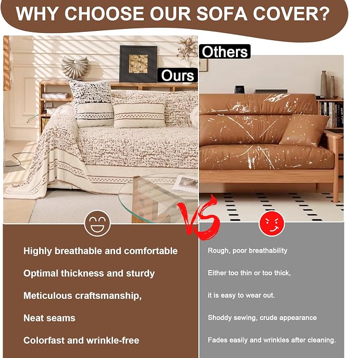 ROOMLIFE Thicked Striped Boho Khaki Couch Cover for 2-3 Cushion Sofa, Fuzzy Plush Warm Sofa Slipcovers Sectional Sofas Covers, Non Slip Washable Furniture Protector Soft with Tassel,Winter 71''X150” - Image 3