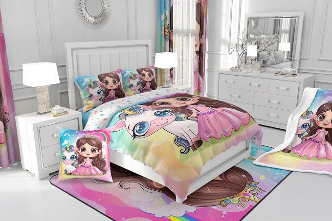 Manfei Princess Unicorn Comforter Set,Dreamy Animal Fairy Tale Cartoon Bedding Set for Adults Living Room,Starry Rainbow Glitter Fantasy Quilt Set,Pink Blue Duvet Insert 3 Pcs with 2 Pillowcases,King - Image 6