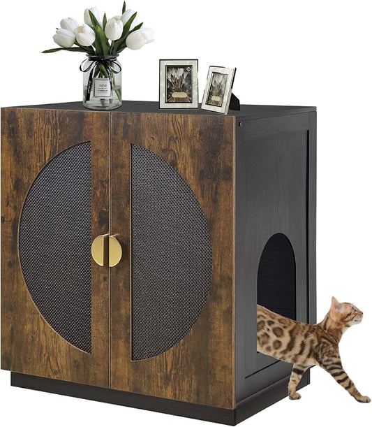 unipaws Tall Cat Litter Box Enclosure for Tall or Top Entry Litter Box | Hidden Litter Box Cover with Shelves, Kitty Enclosed Litter Box Cabinet, Cat Box Furniture by unipaws