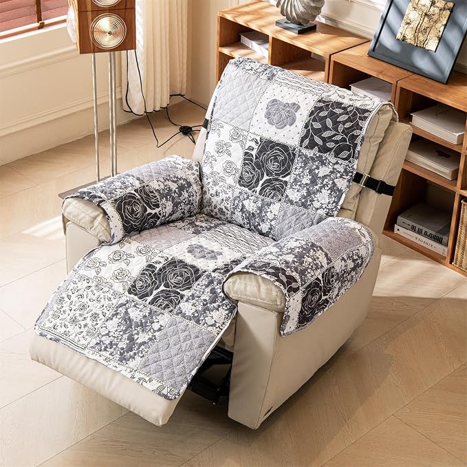 Cmfshape Skidproof Sofa Cover-Grey Rose Sofa Slipcover with Elastic Straps-Easy Fit Slip Cover-Patchwork Washable Furniture Protector for Pets and Kids(Recliner,Grey) by cmfshape-quiltset