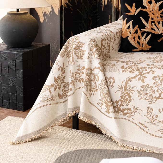 French Country Couch Cover for 3 Cushion Sofa, Chinoiserie Reversible Couch Cover Sectional L Shape, Farmhouse Beige Home Decor Chenille Non Slip Washable Large Couch Protector for Dogs 71"x118" - Image 5