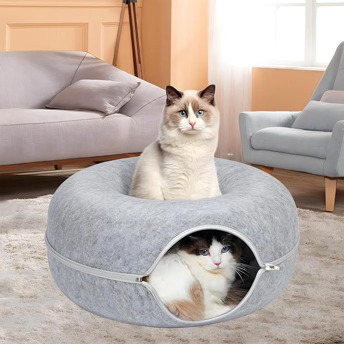 24inch-Tunnel Bed for Indoor,cattasaurus Peekaboo cat cave for Multiple,Detachable Felt Felt Washable Interior for Indoor Cats,Donut Tunnel (Light Gray) - Image 6