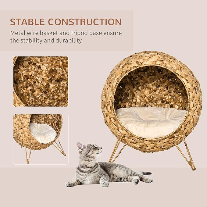 PawHut 20.5" Weaved Cat Bed, Elevated Hand-Woven Braided Banana Leaf Kitten House Condo with Cushion, Natural | Elevated Hand-woven Braided Banana Leaf Kitten House Condo - Image 3